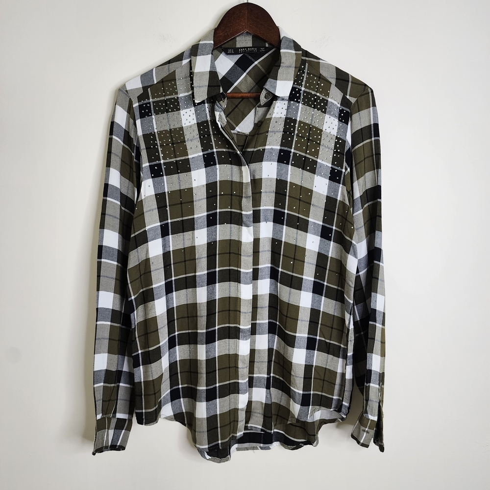 Zara Basic Army Green Plaid Rhinestone Long sleeve Button Down Top Med Grunge